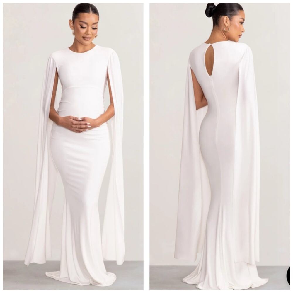 Club L London Divine Timing White Maternity Maxi Dress Cape Sleeves Size 10